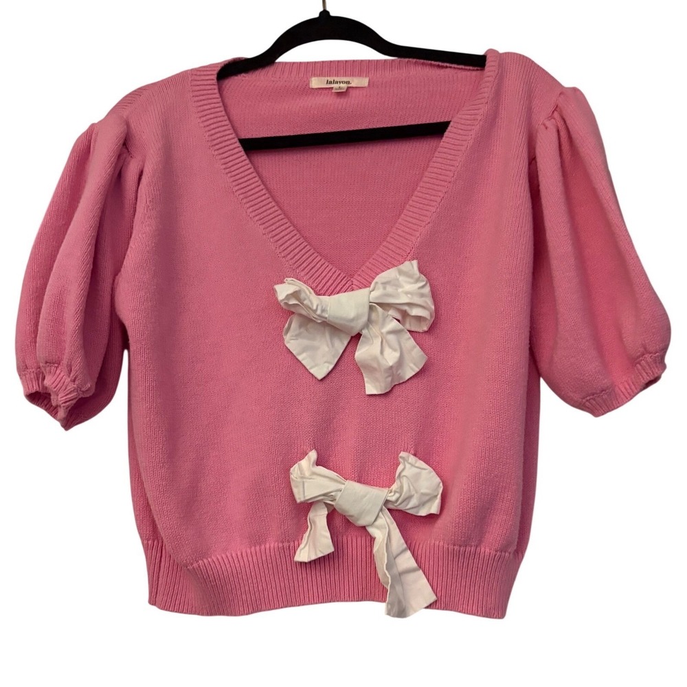 Lalavon Pink Bow V-Neck Puff Sleeve Knit Sweater Top Womens Large ILT3706 - Picture 2 of 6